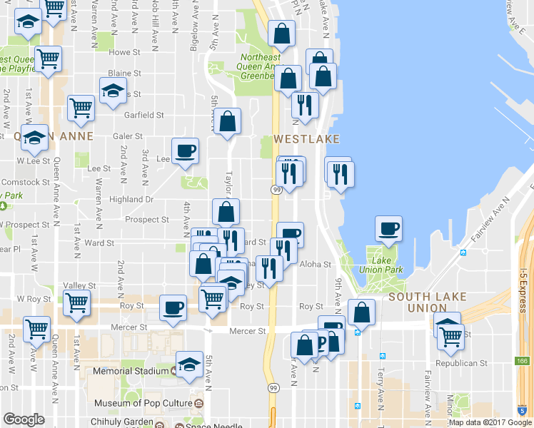 map of restaurants, bars, coffee shops, grocery stores, and more near 1120 6th Avenue North in Seattle
