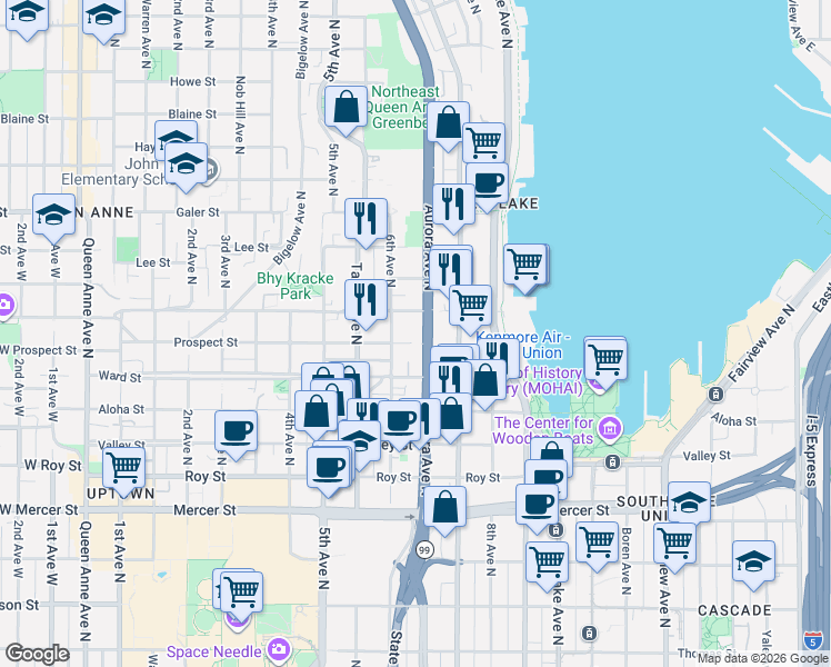 map of restaurants, bars, coffee shops, grocery stores, and more near 612 Prospect Street in Seattle