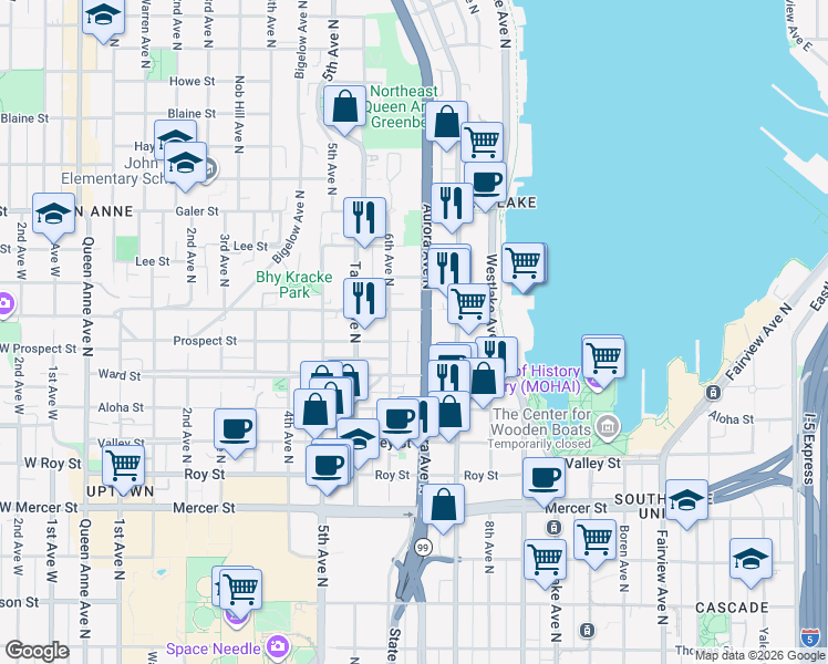 map of restaurants, bars, coffee shops, grocery stores, and more near 612 Prospect Street in Seattle