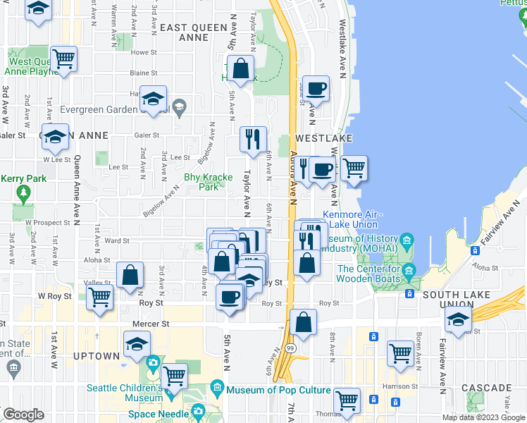 map of restaurants, bars, coffee shops, grocery stores, and more near in Seattle