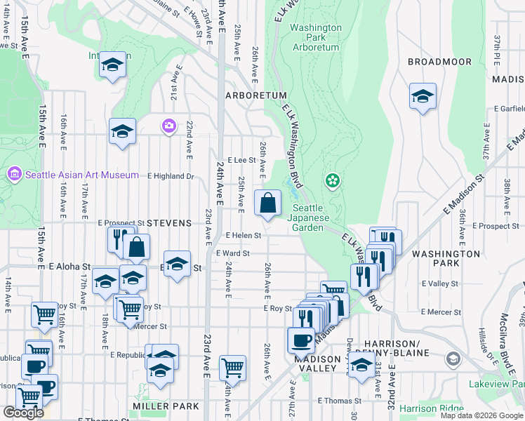 map of restaurants, bars, coffee shops, grocery stores, and more near 26th Avenue East in Seattle