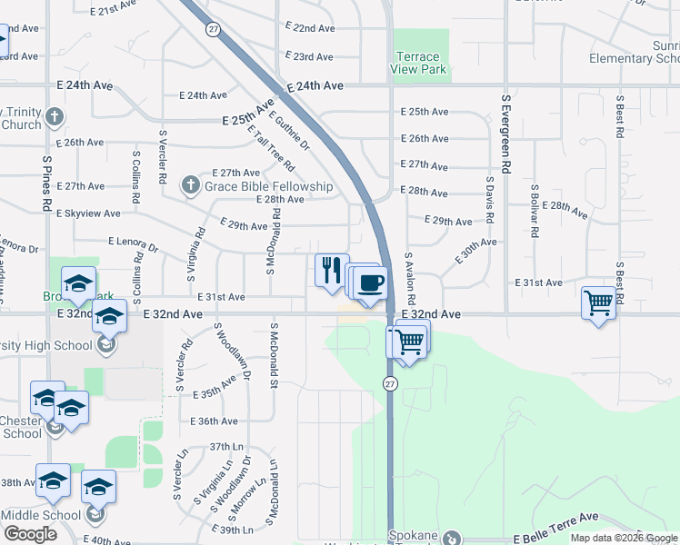 map of restaurants, bars, coffee shops, grocery stores, and more near 13220 East Skyview Avenue in Spokane Valley