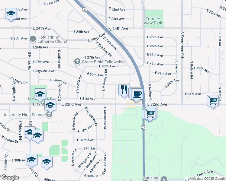 map of restaurants, bars, coffee shops, grocery stores, and more near 3020 South Clinton Road in Spokane Valley
