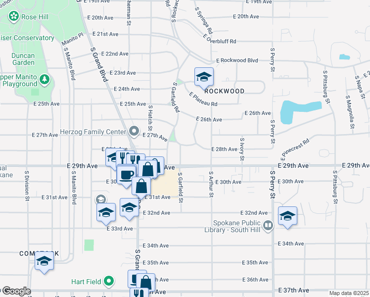 map of restaurants, bars, coffee shops, grocery stores, and more near 2718 South Rhyolite Road in Spokane