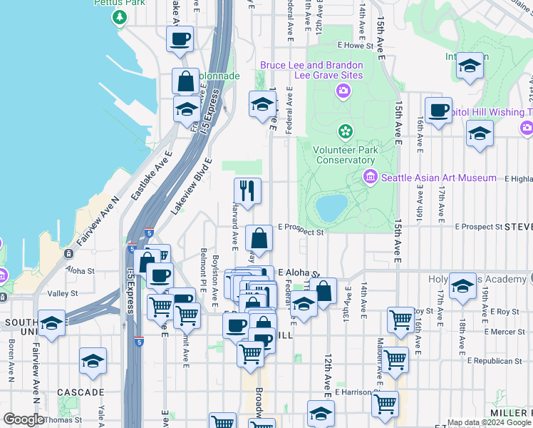 map of restaurants, bars, coffee shops, grocery stores, and more near 1127 10th Avenue East in Seattle
