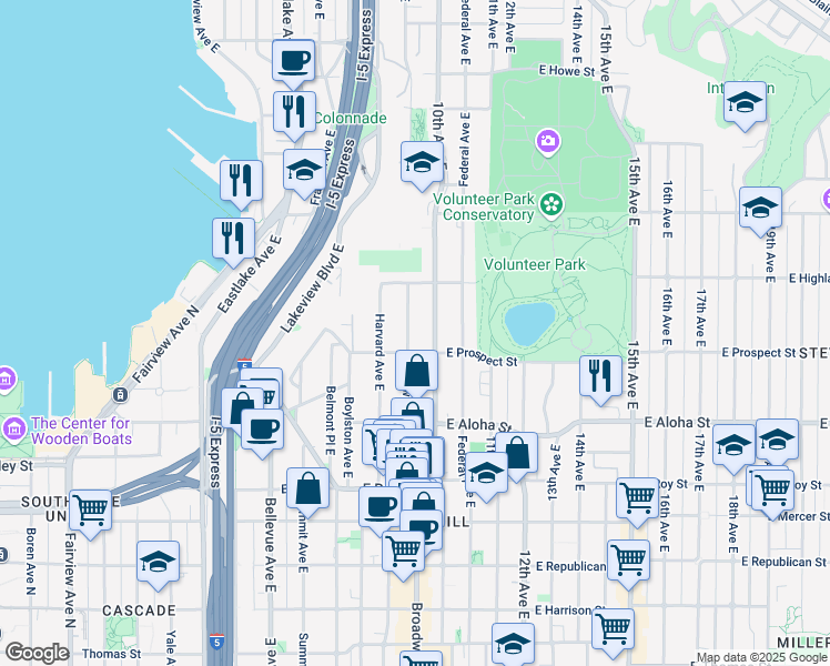 map of restaurants, bars, coffee shops, grocery stores, and more near 1127 10th Avenue East in Seattle