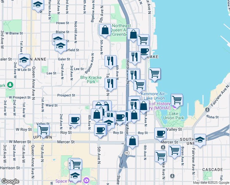 map of restaurants, bars, coffee shops, grocery stores, and more near in Seattle