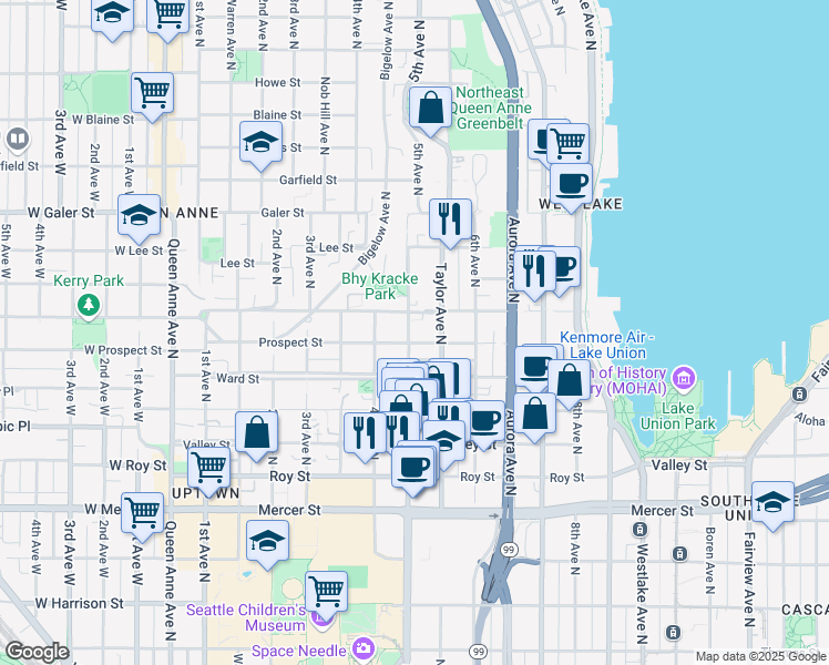map of restaurants, bars, coffee shops, grocery stores, and more near in Seattle