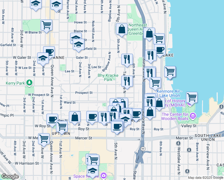 map of restaurants, bars, coffee shops, grocery stores, and more near in Seattle