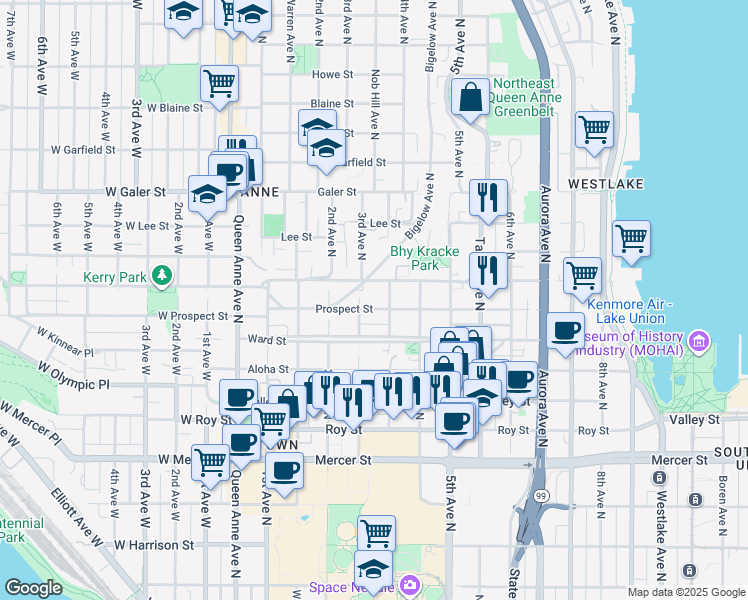 map of restaurants, bars, coffee shops, grocery stores, and more near 321 Highland Drive in Seattle