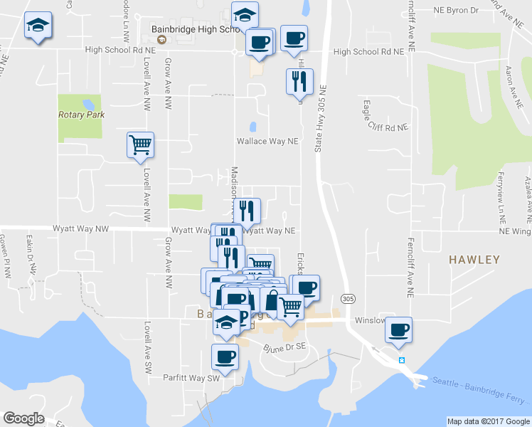 map of restaurants, bars, coffee shops, grocery stores, and more near 541 Homestead Lane Northeast in Bainbridge Island