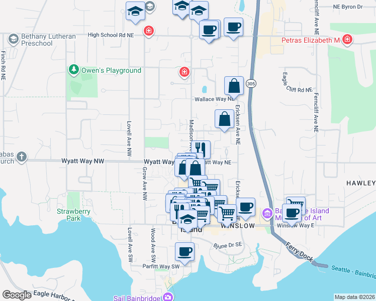 map of restaurants, bars, coffee shops, grocery stores, and more near 595 Madison Avenue North in Bainbridge Island