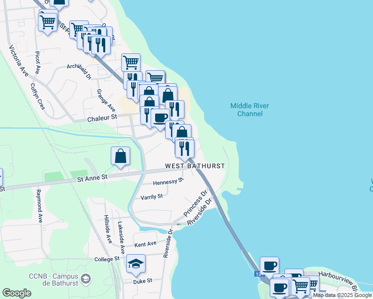map of restaurants, bars, coffee shops, grocery stores, and more near 480 Saint Peter Avenue in Bathurst