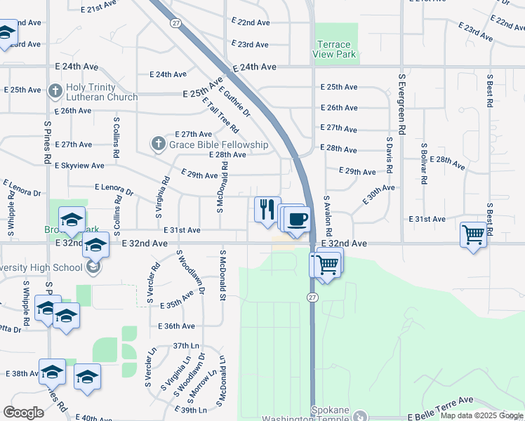map of restaurants, bars, coffee shops, grocery stores, and more near 13220 East Skyview Avenue in Spokane Valley