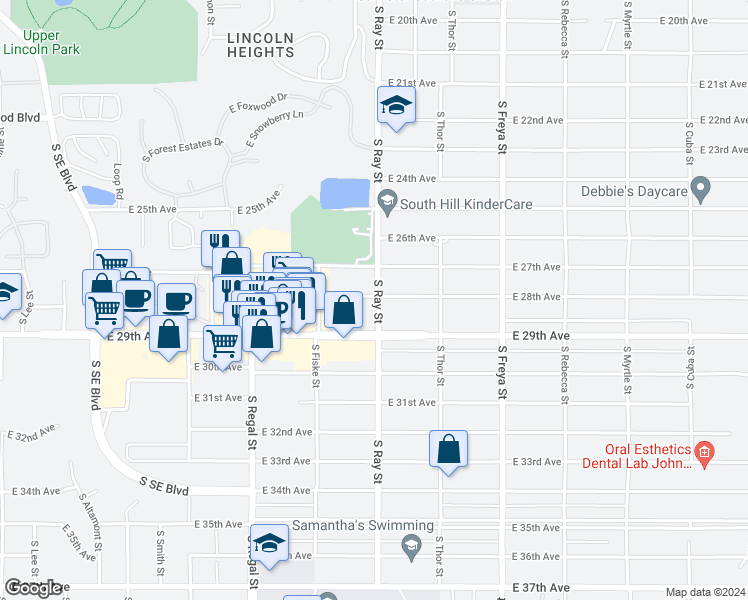 map of restaurants, bars, coffee shops, grocery stores, and more near 3152 East 28th Avenue in Spokane