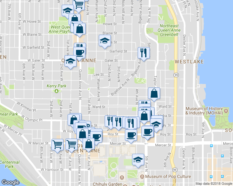 map of restaurants, bars, coffee shops, grocery stores, and more near 1116 Bigelow Avenue North in Seattle