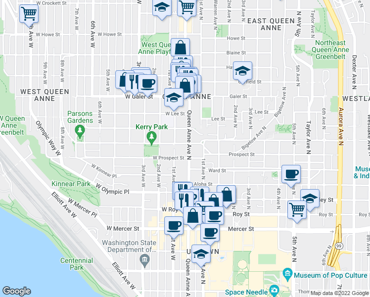 map of restaurants, bars, coffee shops, grocery stores, and more near in Seattle