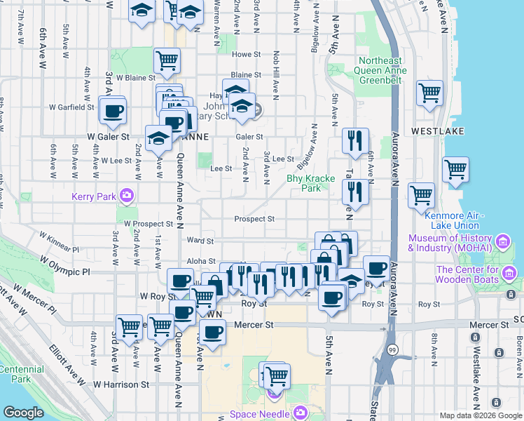 map of restaurants, bars, coffee shops, grocery stores, and more near 1116 Bigelow Avenue North in Seattle