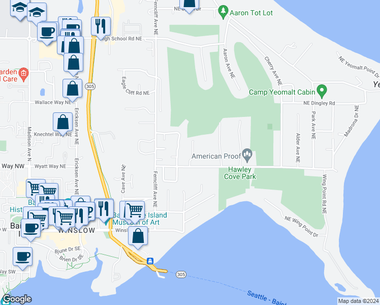 map of restaurants, bars, coffee shops, grocery stores, and more near 617 Northeast Landmark Court in Bainbridge Island