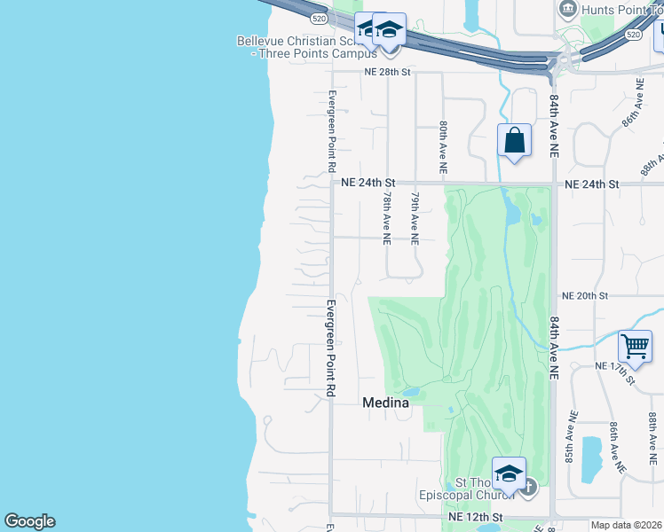 map of restaurants, bars, coffee shops, grocery stores, and more near 2032 Evergreen Point Road in Medina