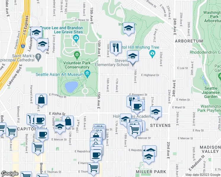 map of restaurants, bars, coffee shops, grocery stores, and more near 1127 16th Avenue East in Seattle