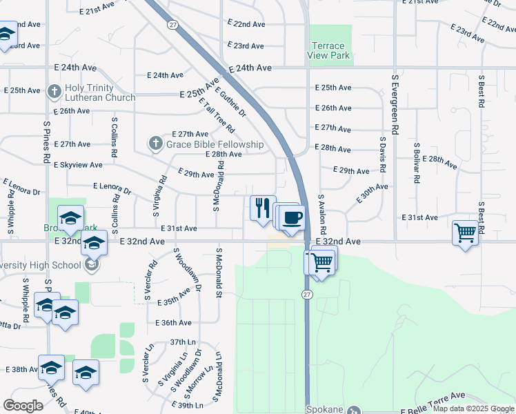 map of restaurants, bars, coffee shops, grocery stores, and more near 13220 East Skyview Avenue in Spokane Valley