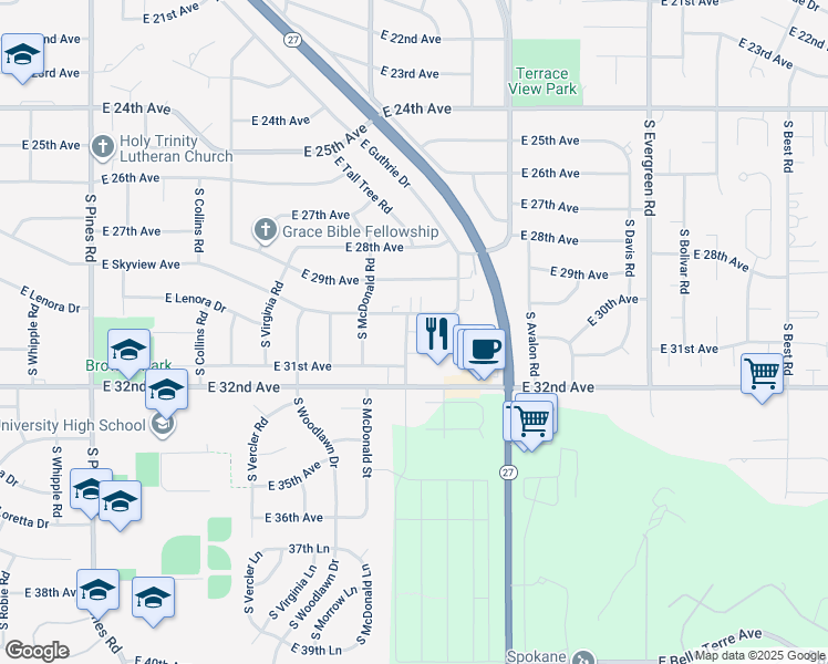 map of restaurants, bars, coffee shops, grocery stores, and more near 3020 South Clinton Road in Spokane Valley