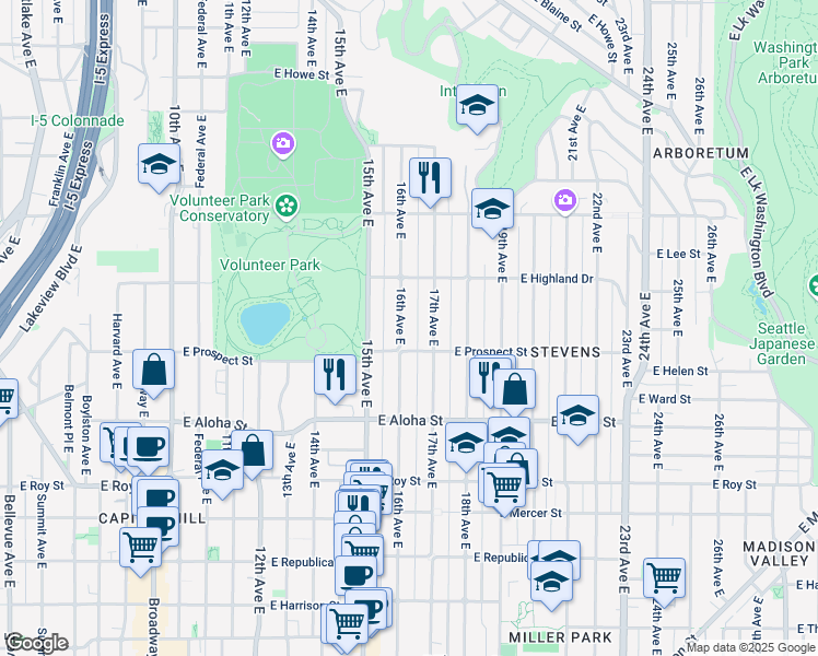 map of restaurants, bars, coffee shops, grocery stores, and more near 1127 16th Avenue East in Seattle