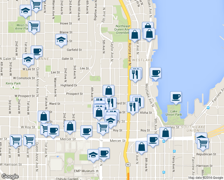 map of restaurants, bars, coffee shops, grocery stores, and more near in Seattle