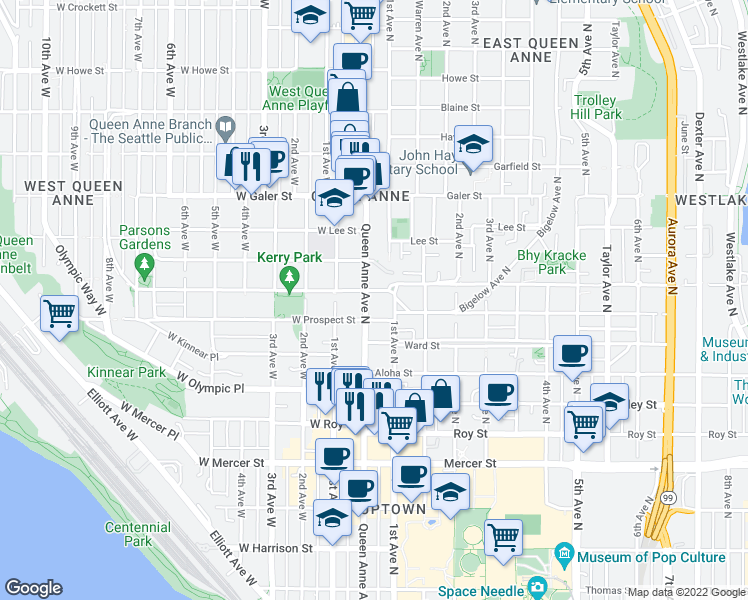 map of restaurants, bars, coffee shops, grocery stores, and more near in Seattle