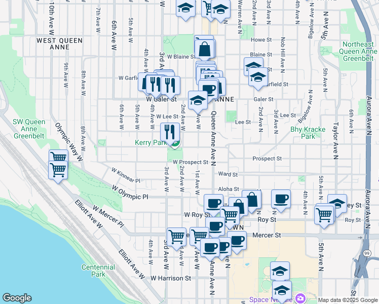 map of restaurants, bars, coffee shops, grocery stores, and more near 105 West Highland Drive in Seattle
