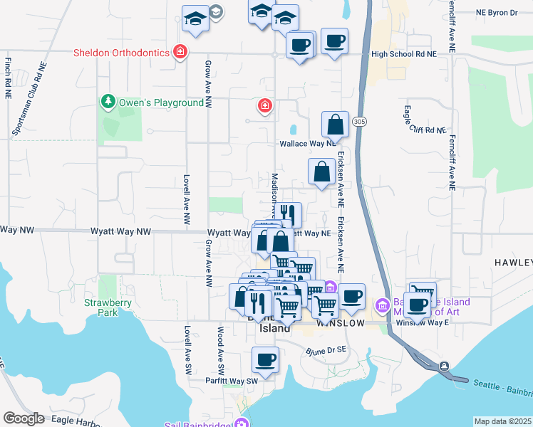 map of restaurants, bars, coffee shops, grocery stores, and more near 595 Madison Avenue North in Bainbridge Island