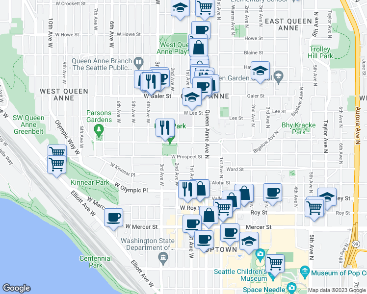 map of restaurants, bars, coffee shops, grocery stores, and more near 111 West Highland Drive in Seattle