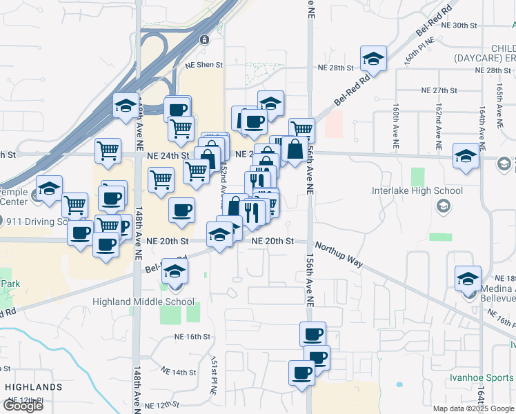 map of restaurants, bars, coffee shops, grocery stores, and more near 2115 Bel-Red Road in Redmond