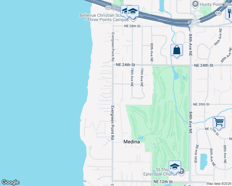 map of restaurants, bars, coffee shops, grocery stores, and more near 2032 Evergreen Point Road in Medina