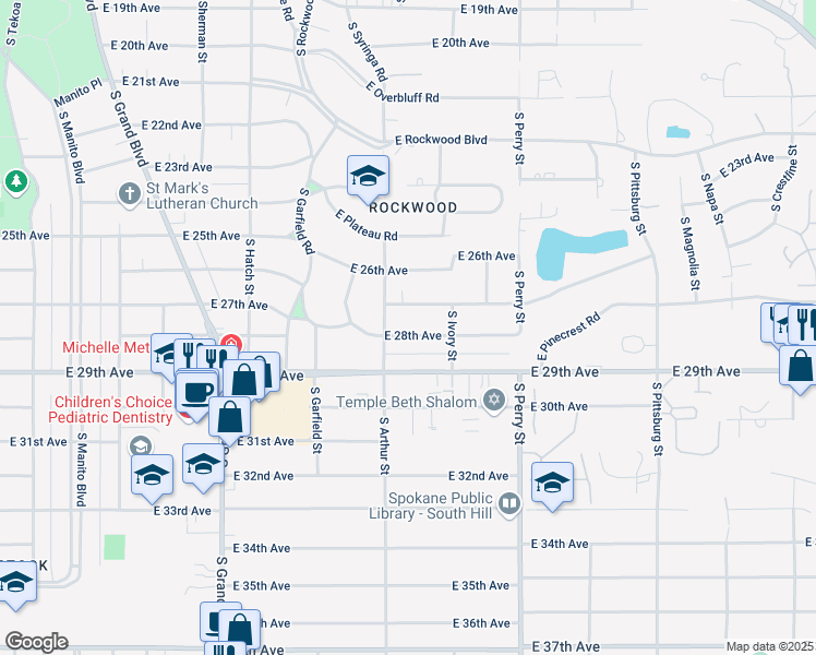 map of restaurants, bars, coffee shops, grocery stores, and more near 1021 East 28th Avenue in Spokane