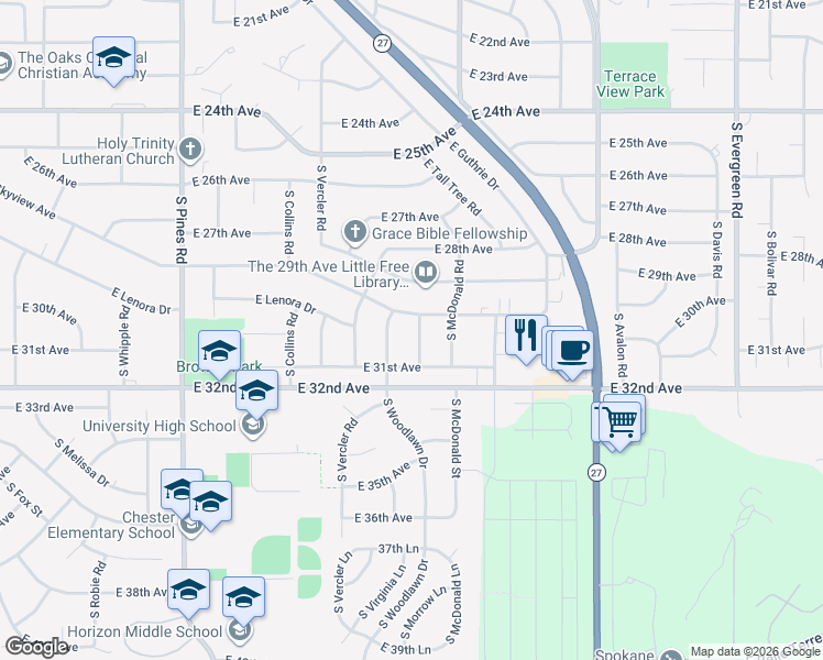map of restaurants, bars, coffee shops, grocery stores, and more near 3012 South Morrow Road in Spokane Valley