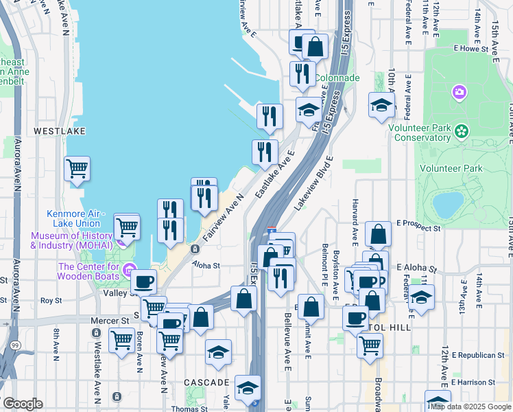 map of restaurants, bars, coffee shops, grocery stores, and more near in Seattle