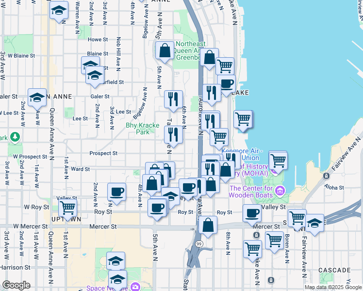 map of restaurants, bars, coffee shops, grocery stores, and more near 1120 6th Avenue North in Seattle