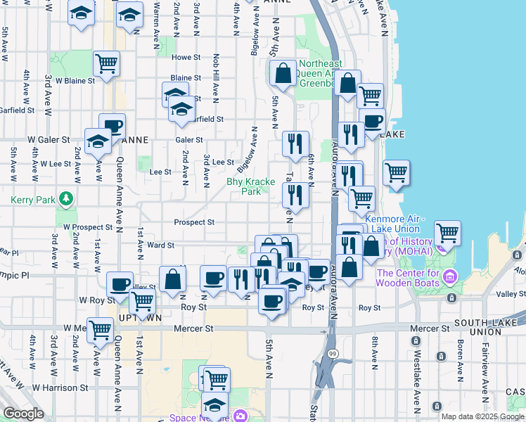 map of restaurants, bars, coffee shops, grocery stores, and more near in Seattle