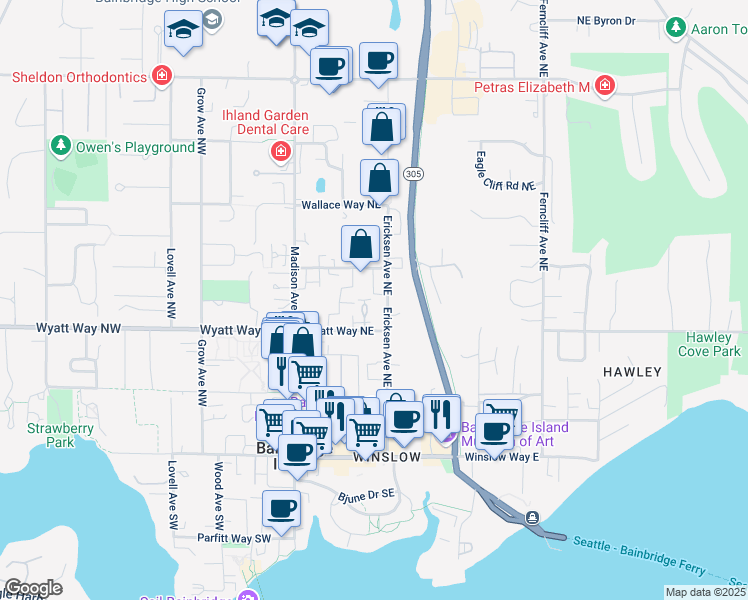 map of restaurants, bars, coffee shops, grocery stores, and more near 595 Ericksen Avenue Northeast in Bainbridge Island