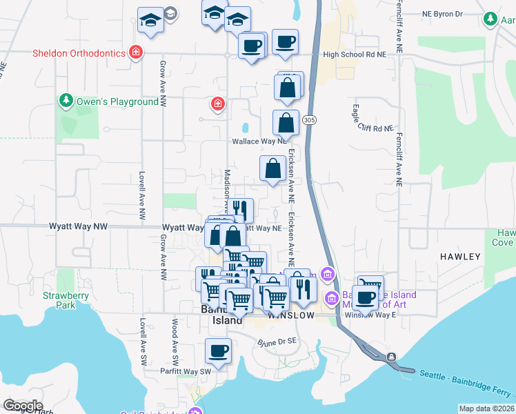map of restaurants, bars, coffee shops, grocery stores, and more near 550 Homestead Lane Northeast in Bainbridge Island