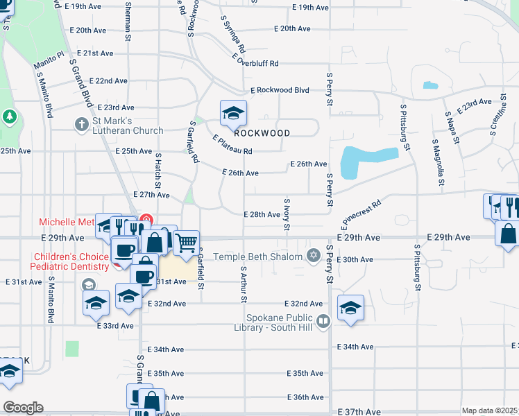 map of restaurants, bars, coffee shops, grocery stores, and more near 1021 East 28th Avenue in Spokane
