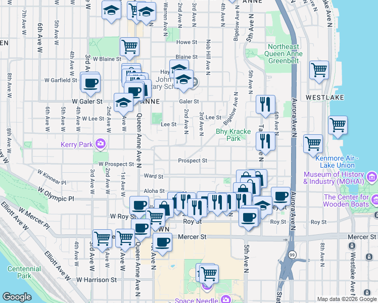 map of restaurants, bars, coffee shops, grocery stores, and more near 1114 2nd Avenue North in Seattle