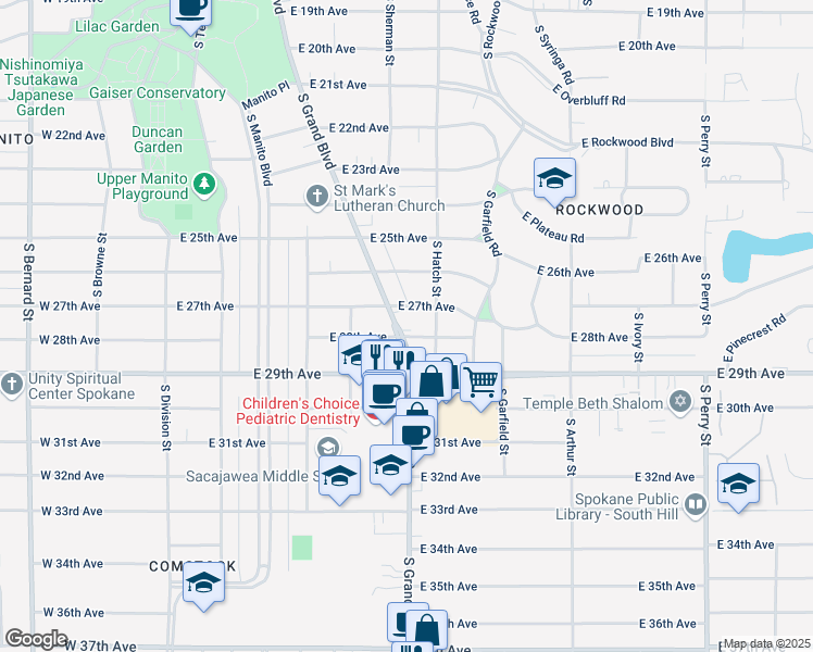 map of restaurants, bars, coffee shops, grocery stores, and more near 2715 South Grand Boulevard in Spokane