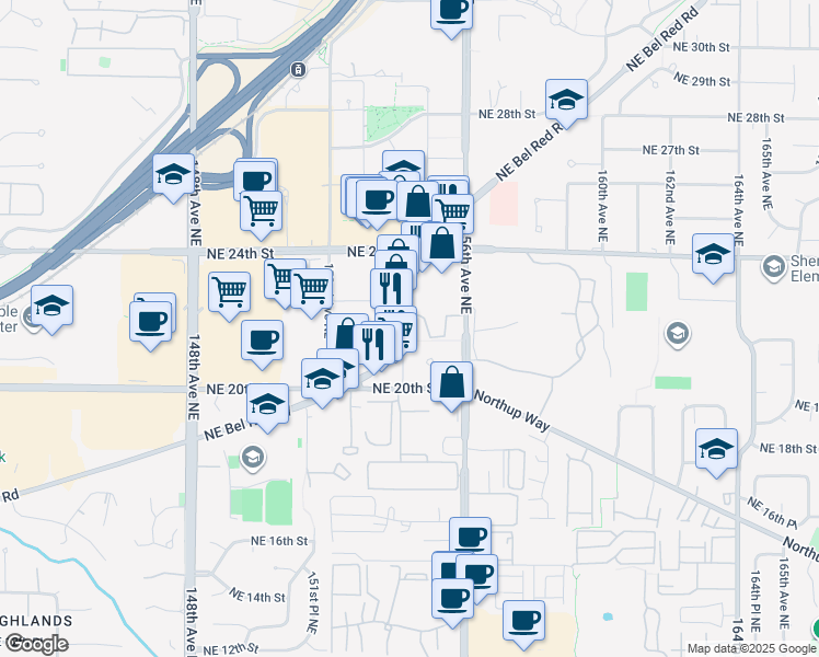 map of restaurants, bars, coffee shops, grocery stores, and more near 2150 Bel-Red Road in Bellevue