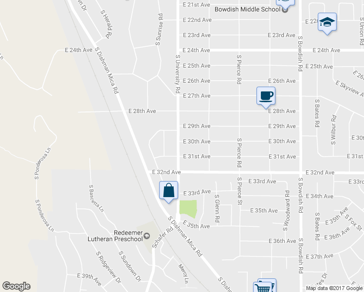 map of restaurants, bars, coffee shops, grocery stores, and more near 3005 South University Road in Spokane Valley