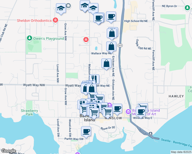 map of restaurants, bars, coffee shops, grocery stores, and more near 598 Madison Avenue North in Bainbridge Island