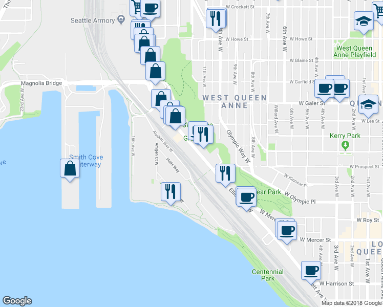 map of restaurants, bars, coffee shops, grocery stores, and more near 1123 Elliott Ave W in Seattle