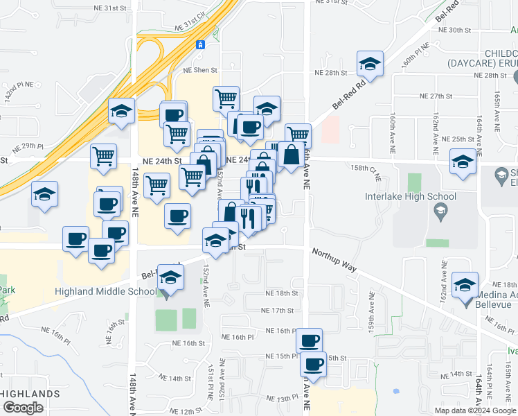 map of restaurants, bars, coffee shops, grocery stores, and more near 2115 Bel-Red Road in Redmond